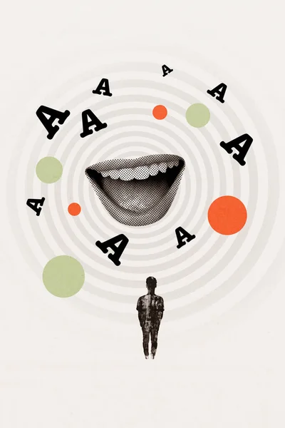 Collage artwork minimal illustration of personage man looking at human mouth open mouth speaking letters isolated on gray background.
