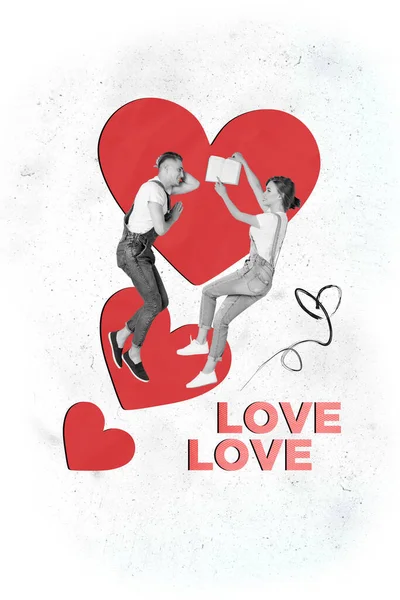 Creative Abstract Template Collage Funny Couple Read Together Valentine Day — Stock Photo, Image