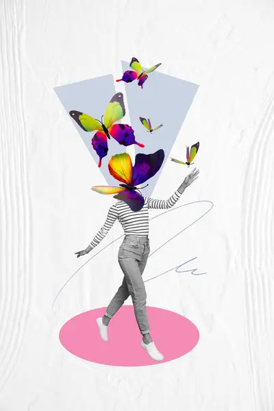 Vertical Surreal Creative Photo Collage Headless Woman Female Walk Butterflies — Stock Photo, Image