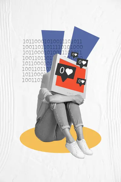 Vertical Surreal Photo Collage Young Headless Woman Computer Monitor Head — Stock Photo, Image