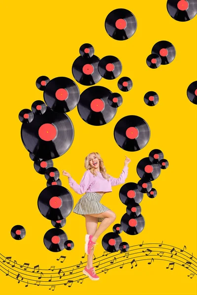 Vertikale Collage Bild Von Überglücklichen Mini Mädchen Tanzen Gemalte Melodie — Stockfoto