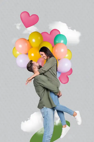 Δημιουργικό Κολάζ Πρότυπο Τέχνης Των Μπαλόνια Αέρα Νεαρό Ζευγάρι Γιορτάζουν — Φωτογραφία Αρχείου