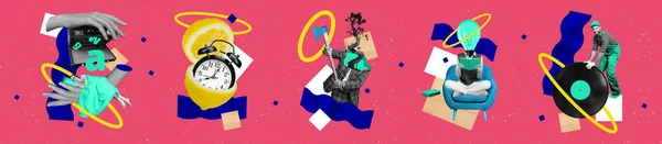Collage Pinup Pop Retro Schets Beeld Van Verschillende Mensen Ochtend — Stockfoto