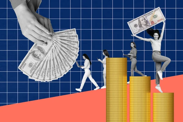 Kreative Collage Bild Vier Glückliche Wohlhabende Geschäftsfrauen Hochschulen Arbeiten Team — Stockfoto