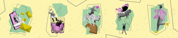 具有创意的抽象模板图形拼贴图片老虎发短信装置小孩坐牛气球骑狼孤立黄色背景 — 图库照片