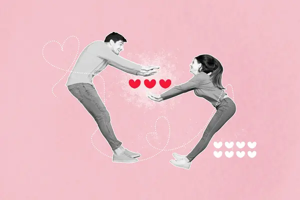 Collage Foto Van Vrolijke Positieve Mensen Genieten Van Romantiek Valentijnsdag — Stockfoto