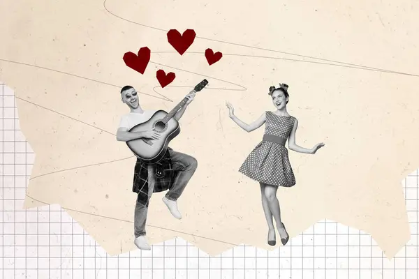 Composite Collage Picture Image Funny Couple Dancing Play Guitar Valentine — Stock Photo, Image