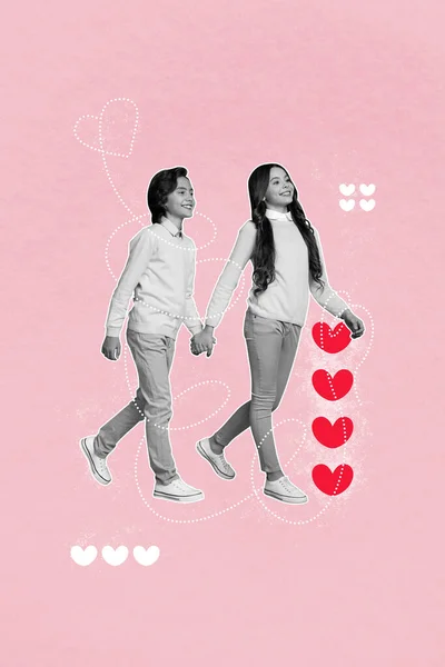 Verticale Pop Schets Collage Eerste Liefde Relaties School Twee Kinderen — Stockfoto