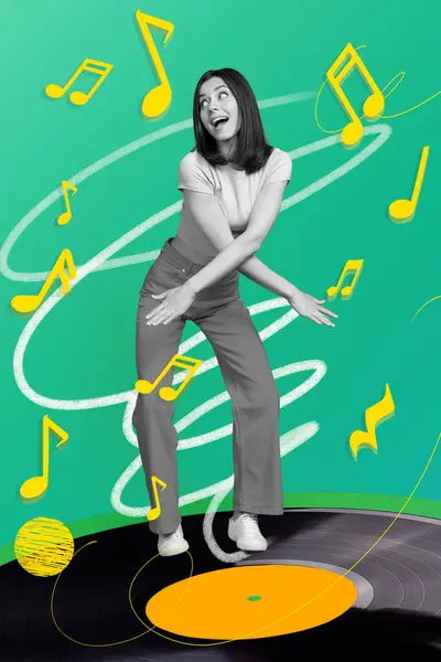 Vertikale Collage Plakat Zufrieden Tanzen Singen Mädchen Stehen Vinyl Disk — Stockfoto