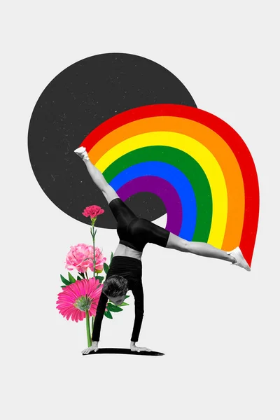 Creative vertical collage poster dancing gymnastics young attractive lady rainbow equal rights freedom blossom.