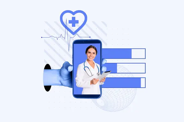 Creative Collage Image Blue Filter Pretty Smile Woman Doctor Treats — Stock Photo, Image