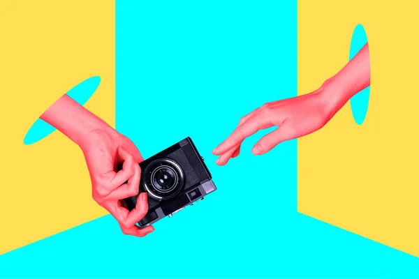Collage Artwork Minimal Picture Arms Sharing Vintage Photo Camera Isolated — Stock Photo, Image