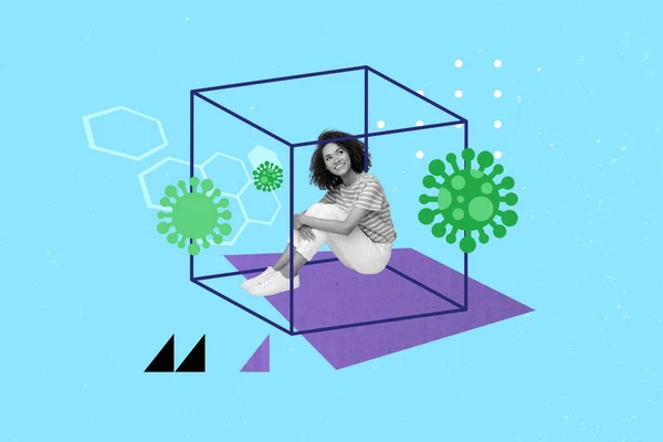 Composite collage poster immunization image of young girl sitting in 3d cube saving herself against bacteria isolated on blue background.