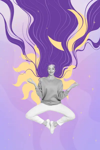 Creative colorful drawing collage poster of lady meditating yoga for healing soul astral magical reality.