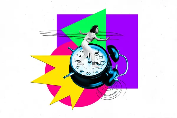 Photo creative collage illustration banner young excited happy girl surfing clock alarm hurry up limited time arrangement management.