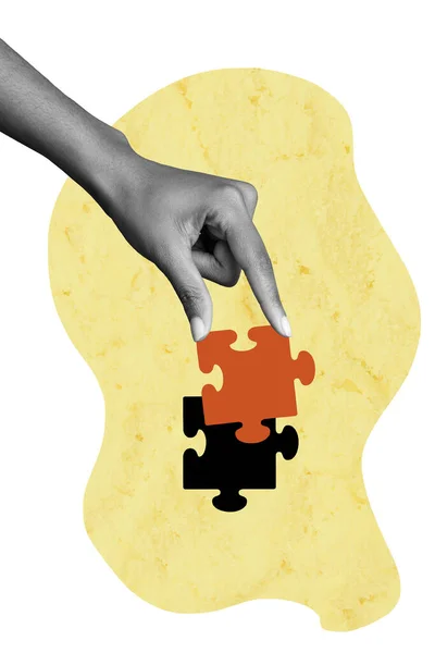 Kreative Collage Vertikale Posterbild Schwarz Weiß Arm Lösung Puzzle Form — Stockfoto