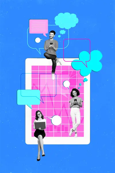 Photo illustration creative picture young busy people man woman chatting each other social network communication blue background.