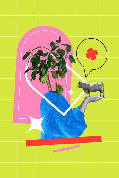 Creative Poster Collage Woman Plant Tree Instead Head Hold Cow — Stock Photo, Image