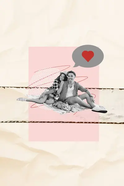 Verticaal Kunstwerk Collage Zitten Gelukkig Liefhebbers Paar Picknick Valentijnsdag Viering — Stockfoto