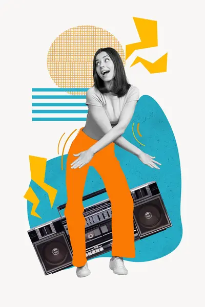 Kreative Vertikale Collage Poster Junge Stilvolle Tanzende Dame Singen Lied — Stockfoto