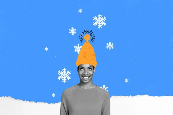 Σύνθετη Εικόνα Εικόνα Του Νεαρού Αστείο Θηλυκό Ζεστό Καπέλο Νιφάδες — Φωτογραφία Αρχείου