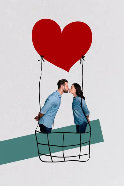 Σύνθετο Κολάζ Εικόνα Του Χαριτωμένο Ζευγάρι Φιλί Αέρα Μπαλόνι Που — Φωτογραφία Αρχείου