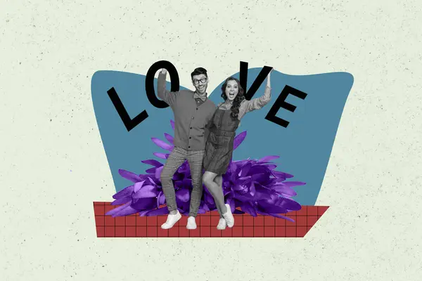 Collage Image Illustration Monochrome Effet Excité Joyeux Élégant Couple Tenir — Photo