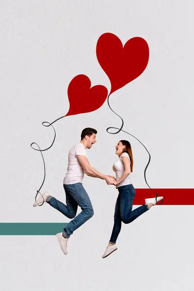 Creative Abstract Template Collage Funny Couple Balloons Jump Valentine Day — Stock Photo, Image