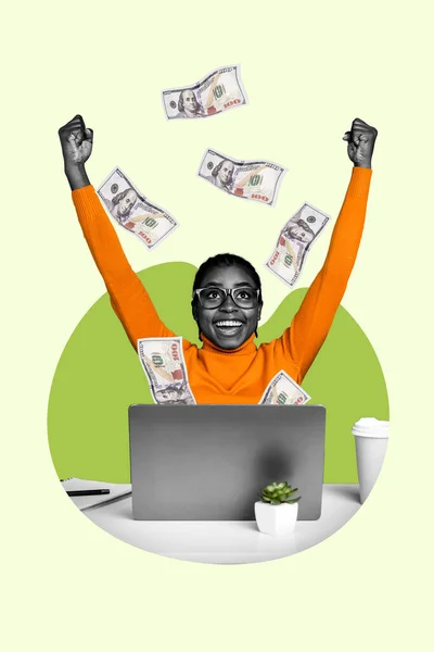 Creative Artwork Pop Collage Excited Girl Using Netbook Win Jackpot — Stock Photo, Image