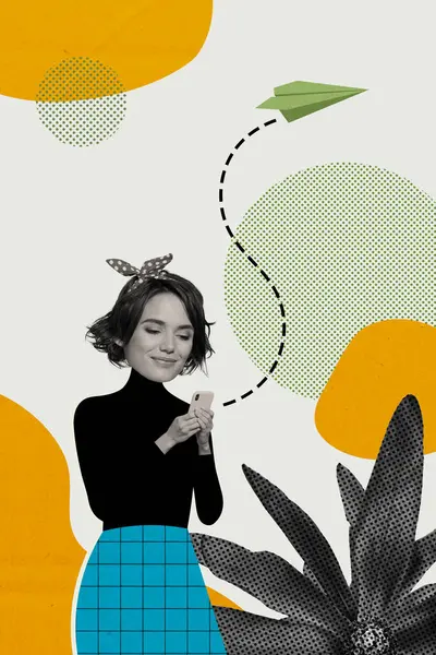 Kreatív Kollázs Kép Illusztráció Elvont Vázlat Gyönyörű Boldog Fiatal Hölgy — Stock Fotó