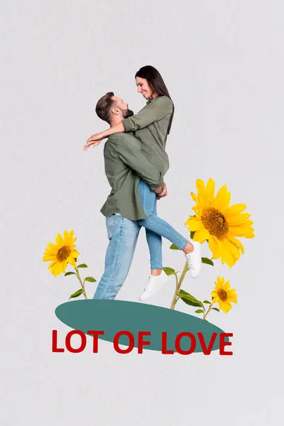 Kreative Plakatcollage Von Lustigen Paar Umarmen Erhöhen Mädchen Valentinstag Dating — Stockfoto