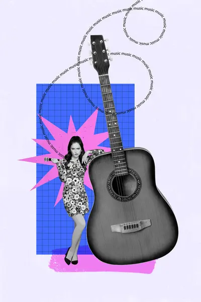 Vertical collage picture of unsatisfied mini black white colors girl learn big guitar hold microphone music isolated on drawing background.