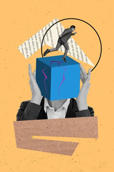 Colagem Retrato Ilustração Sem Cabeça Cubo Azul Rachado Mãos Tocando — Fotografia de Stock