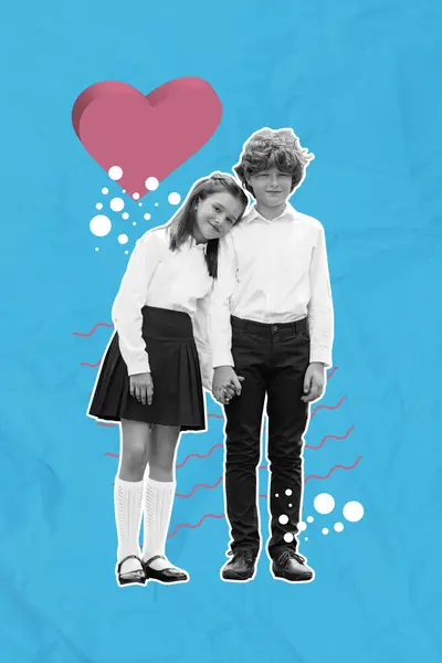 Verticale Creatieve Poster Banner Collage Staande Twee Kinderen Hand Hand — Stockfoto