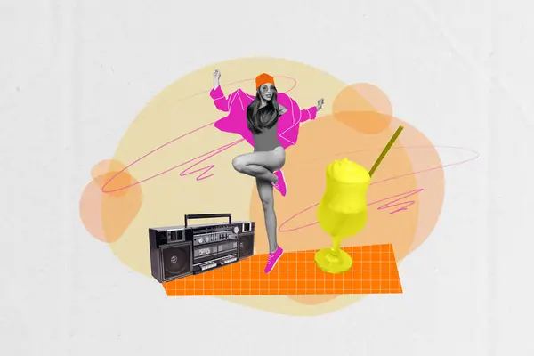 Collage Obraz Pinup Pop Retro Szkic Zabawny Atrakcyjny Kobieta Taniec — Zdjęcie stockowe