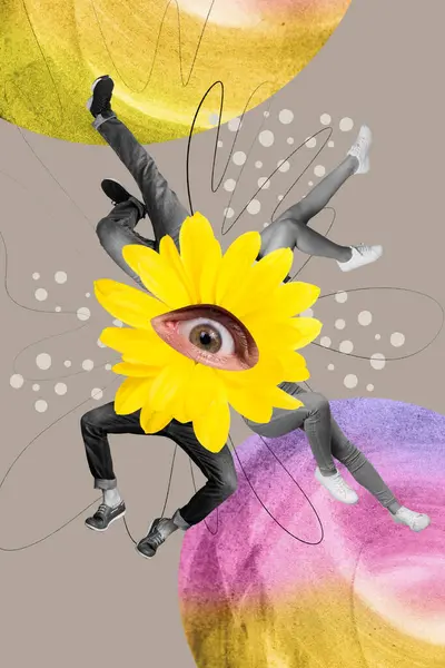 Creativo Strano Collage Poster Gerbera Fresco Giallo Con Otto Gambe — Foto Stock