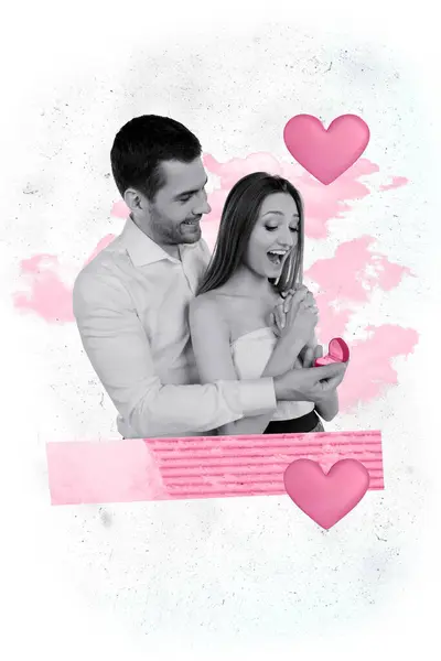 若いカップル結婚提案バレンタインデーの垂直創造的なコラージュイメージ 愛のコンセプト掲示板コミックZine最小限のコンセプト — ストック写真