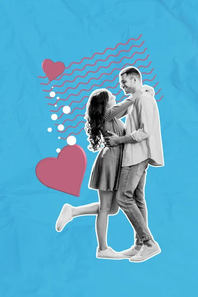 Vertical Creative Artwork Poster Standing Young Couple Hugging Cuddling Valentine — Stock Photo, Image