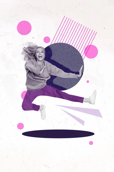 Immagine Verticale Collage Divertente Combattente Femminile Salto Ninja Karate Sportswoman — Foto Stock