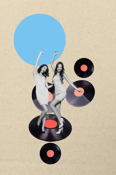Vertical collage black white filter two beautiful happy young women dance vinyl plate night party retro blue circle beige background.