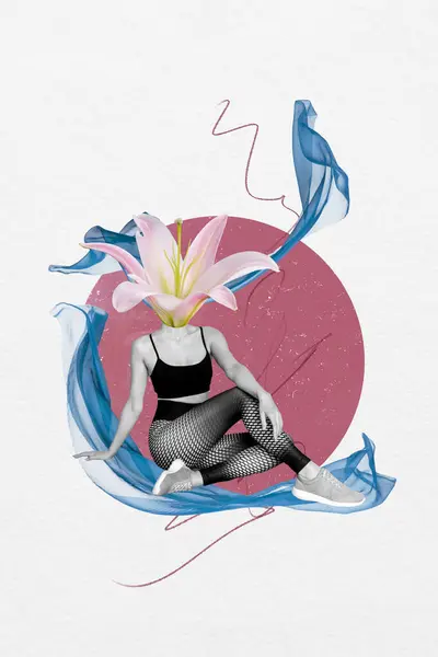 Креативний Плакат Колаж Спортивної Жіночої Квіткової Лілії Розквіт Натомість Очолює — стокове фото