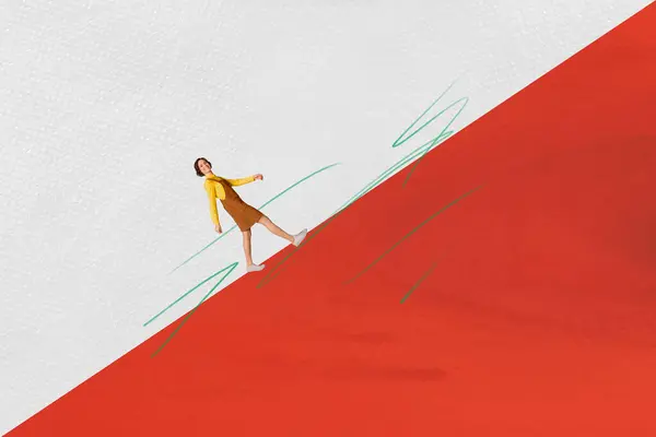 Collage Compuesto Imagen Joven Mujer Subiendo Colina Pendiente Copyspace Rojo — Foto de Stock