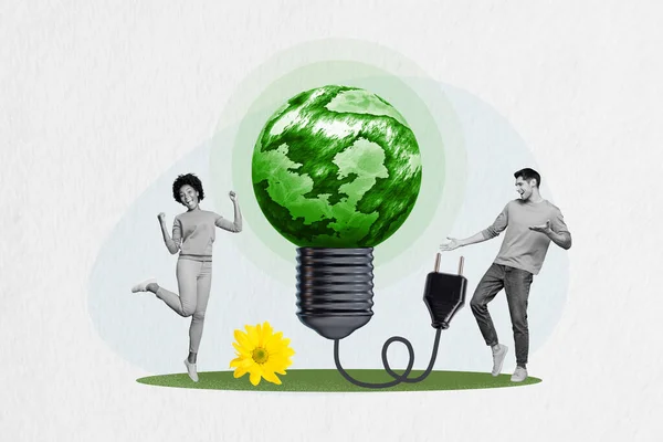 Colagem Cartaz Sorrir Responsável Duas Pessoas Enorme Lâmpada Lâmpada Planeta — Fotografia de Stock