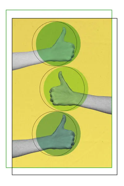反応フィードバックを示す3つの腕のポスターのコラージュ画像 塗られた背景で隔離されたクールな承認の親指 — ストック写真