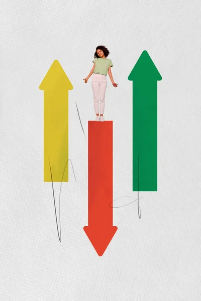 Imagen Collage Creativo Vertical Flecha Elección Femenina Joven Confundida Apuntan —  Fotos de Stock