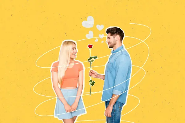 Horizontal photo collage of sweet couple boy give red rose to girl excited feelings admirer relationship sympathy gift on yellow background.
