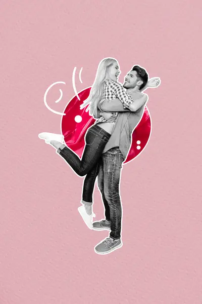 Κάθετη Δημιουργική Αφίσα Κολάζ Ευτυχισμένη Ρομαντική Εραστές Άνθρωπος Αγκαλιάζει Χαρούμενη — Φωτογραφία Αρχείου