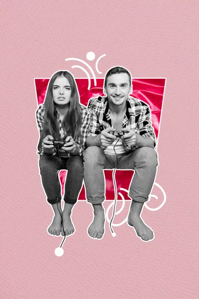 Vertical Collage Creative Image Happy Young Couple Lovers Playing Games — Stock Photo, Image