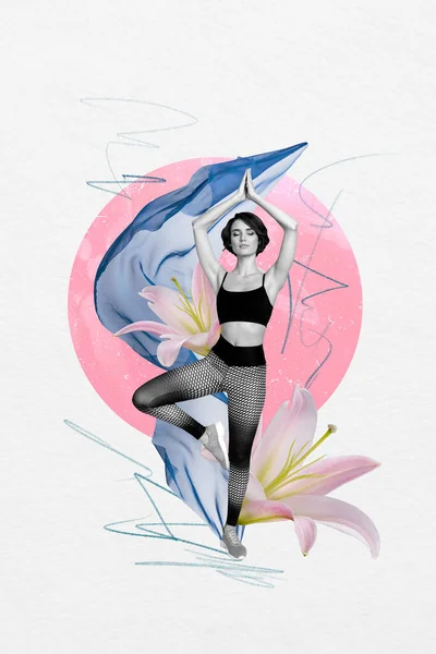 Creative Drawing Collage Picture Young Sportswoman Flower Yoga Sportive Lifestyle — Stock Photo, Image