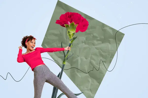 Banner magazine collage of young beautiful charming girl holding pink carnation flower international women day isolated on green background.